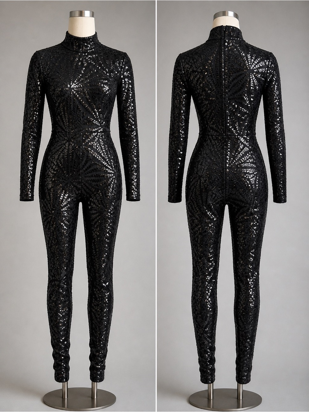 BANJUL Black Sequin Jumpsuit Long Sleeve Bodycon Vegas Night